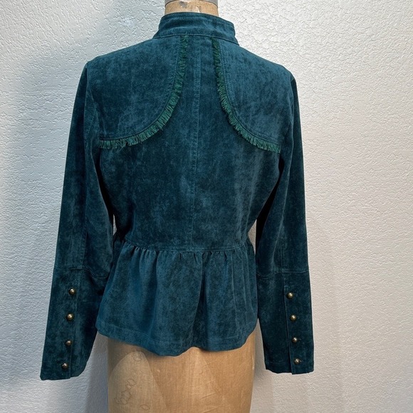 Live A Little Women's Small Teal‎ Suede Ruffle Gold Long Sleeve Button-Up Top - Picture 7 of 10